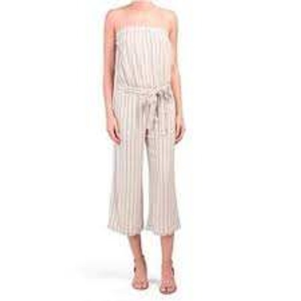 Cloth & Stone Strapless Striped Wide Leg Jumpsuit Orange Tan XS Fringe Trim